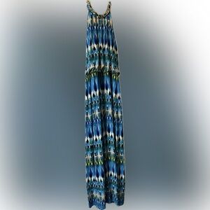 Blue and Green Patterned Maxi Dress with gold chain neck